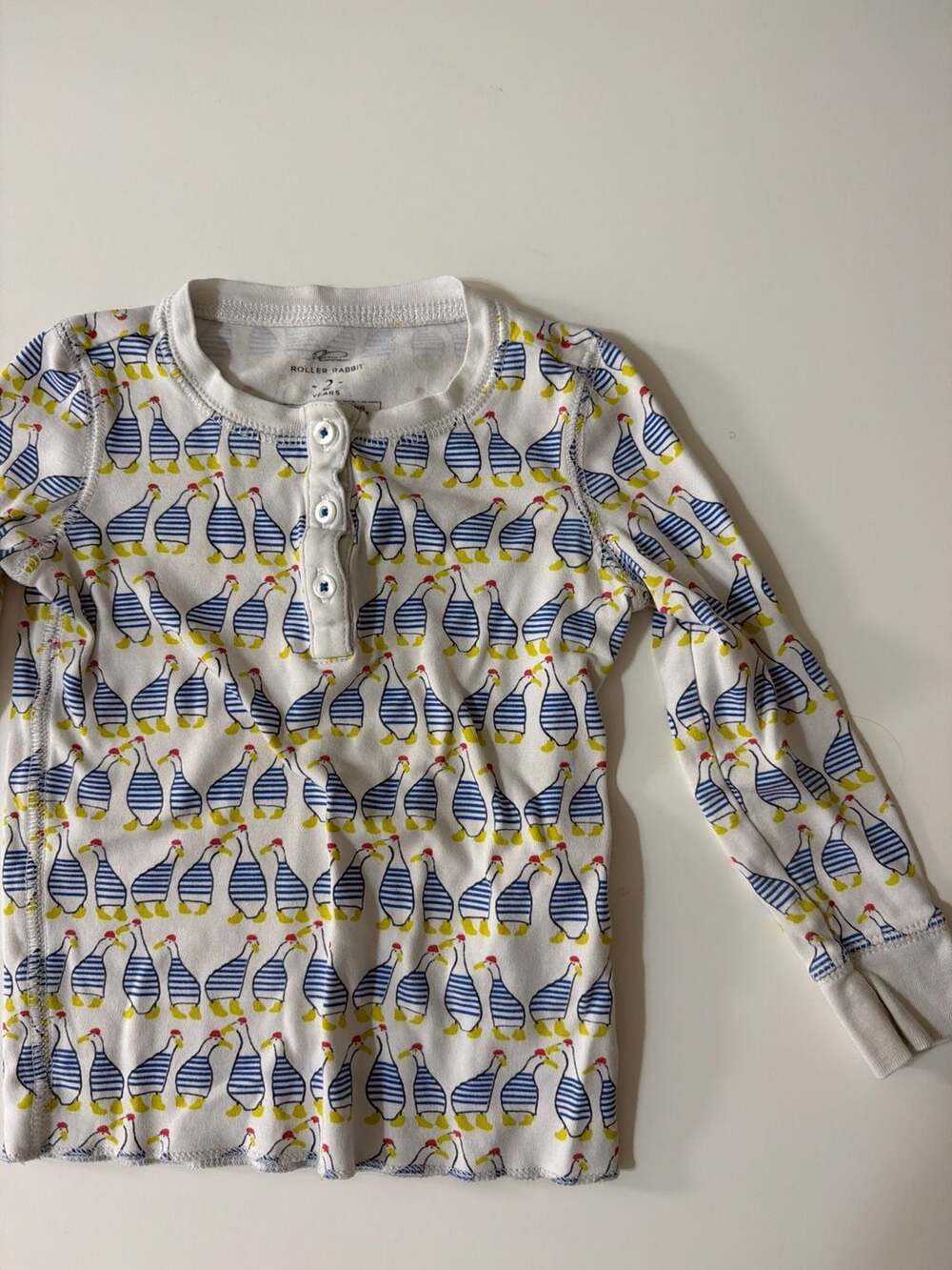 Roller Rabbit Kids Pima Cotton Long Sleeve Henley‎ Pajama Top Stripe Duck Print - Picture 2 of 5
